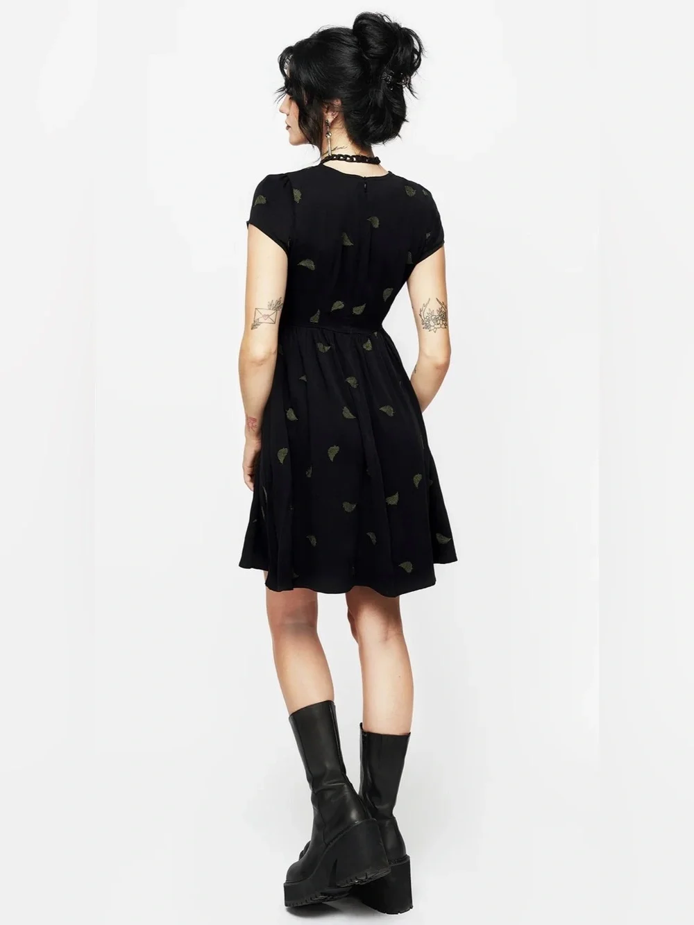 Disturbia Osmunda Fern Embroidered Mini Skater Dress US 10 Black Green Goth - Picture 14 of 15